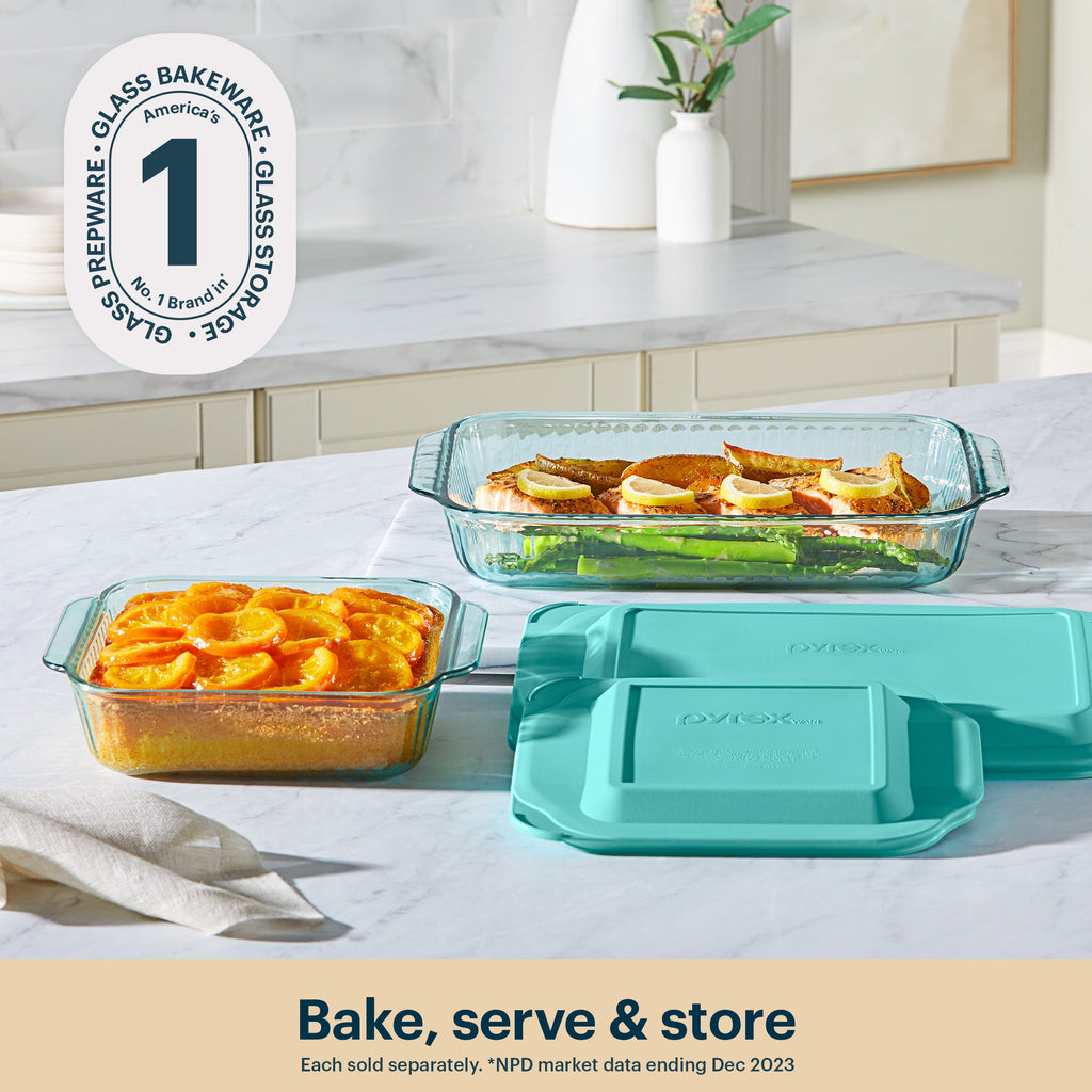 Pyrex® Sculpted Tinted Glass 3QT Oblong Baking Dish with Lid, Aqua