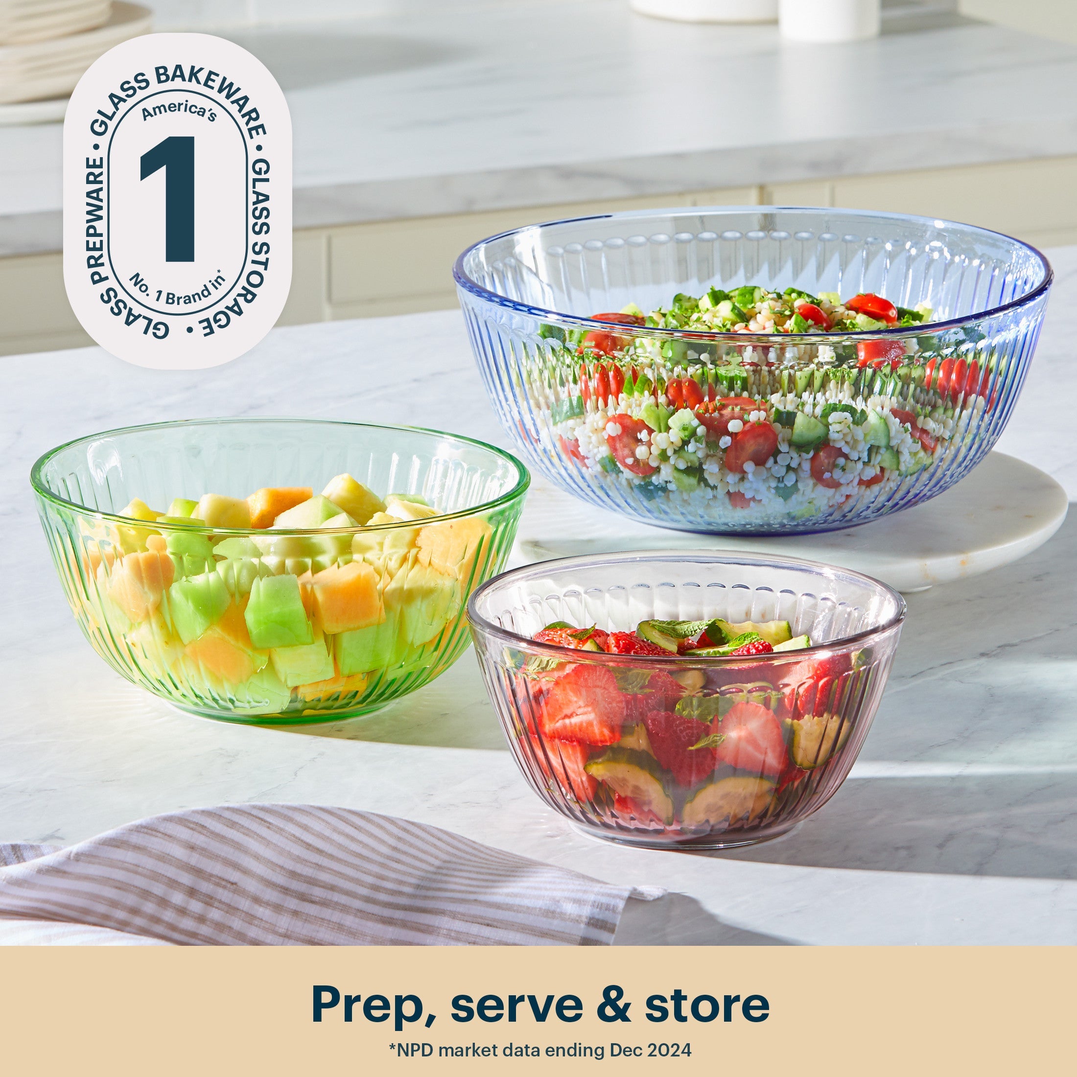Pyrex® Colors Sculpted Tinted 3-piece Mixing Bowl Set, No Lid (Pink,Green,Blue)