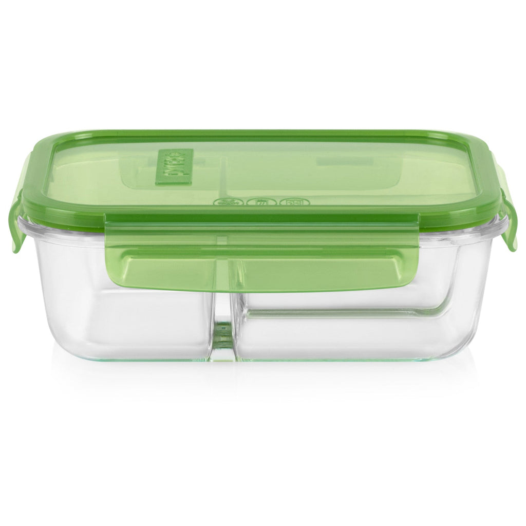 Pyrex® MealBox™ 4-cup Divided Glass Food Storage Container with Green Lid