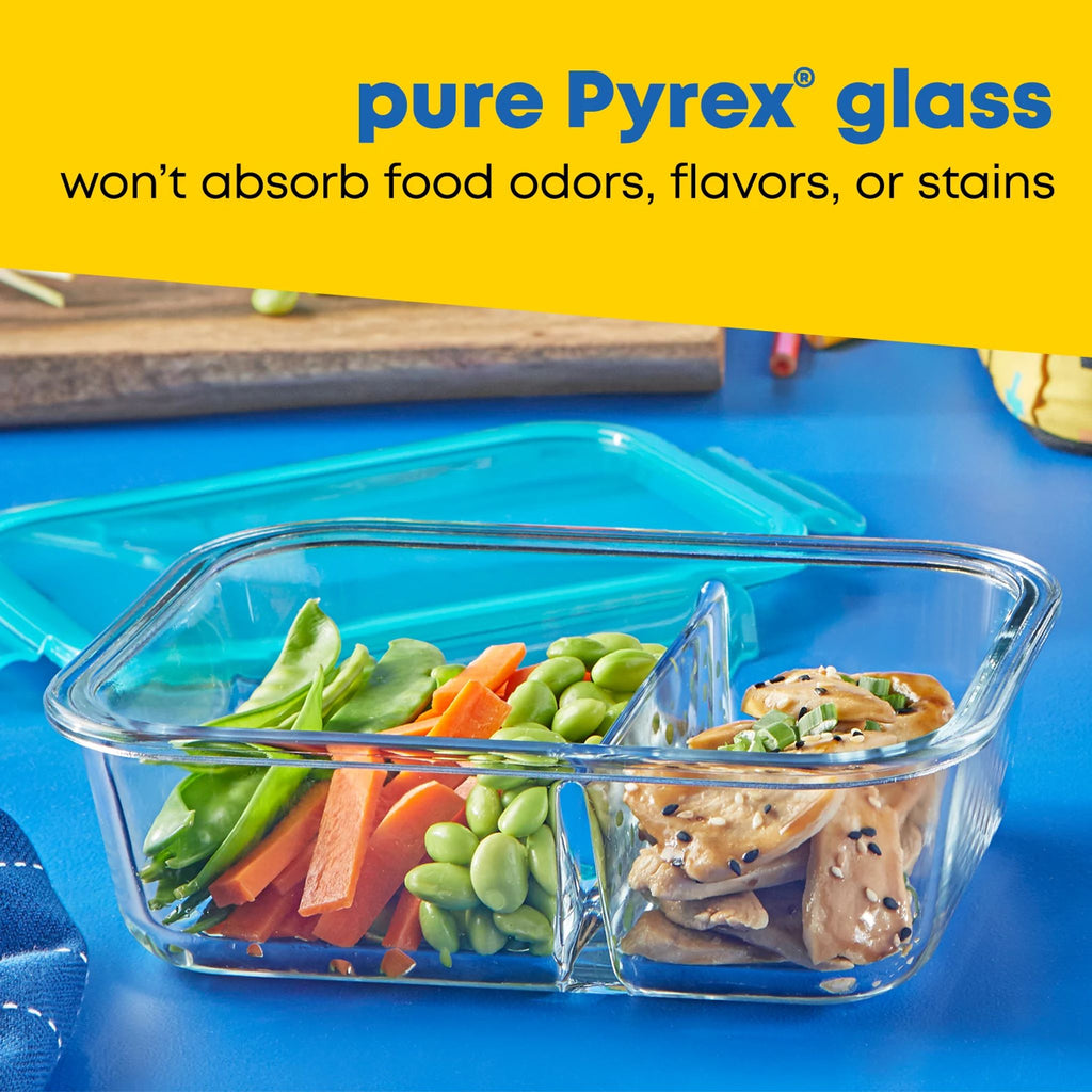 Pyrex® MealBox™ 2.3-cup Divided Glass Food Storage Container with Turquoise Lid