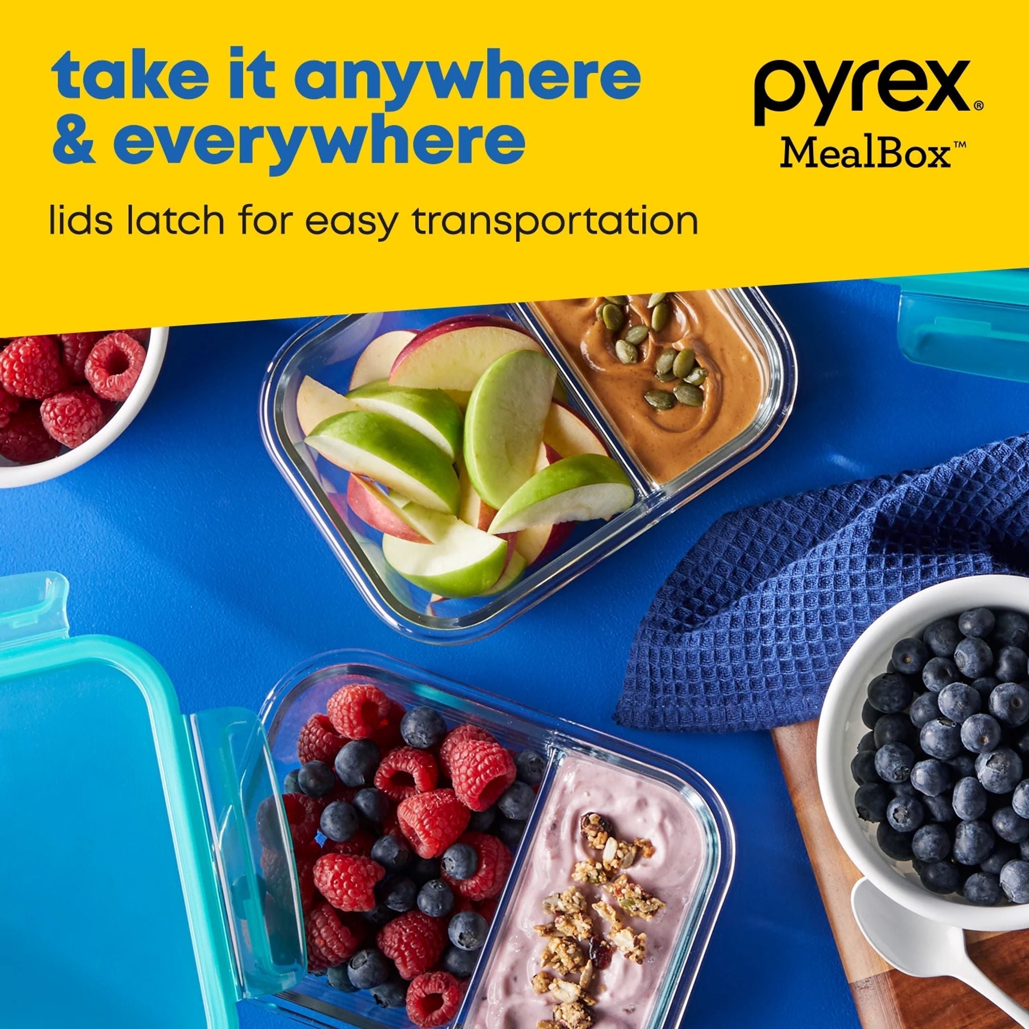 Pyrex® MealBox™ 2.3-cup Divided Glass Food Storage Container with Turquoise Lid