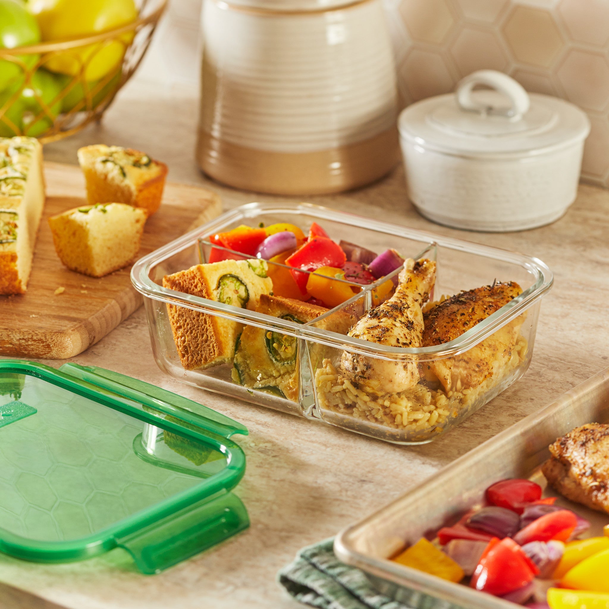 Pyrex® MealBox™ 5.5-cup Divided Glass Food Storage Container with Green Lid