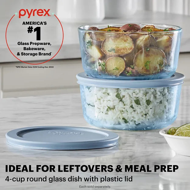 Pyrex® Simply Store® Tinted 4-cup Round Storage with Blue Plastic Lid