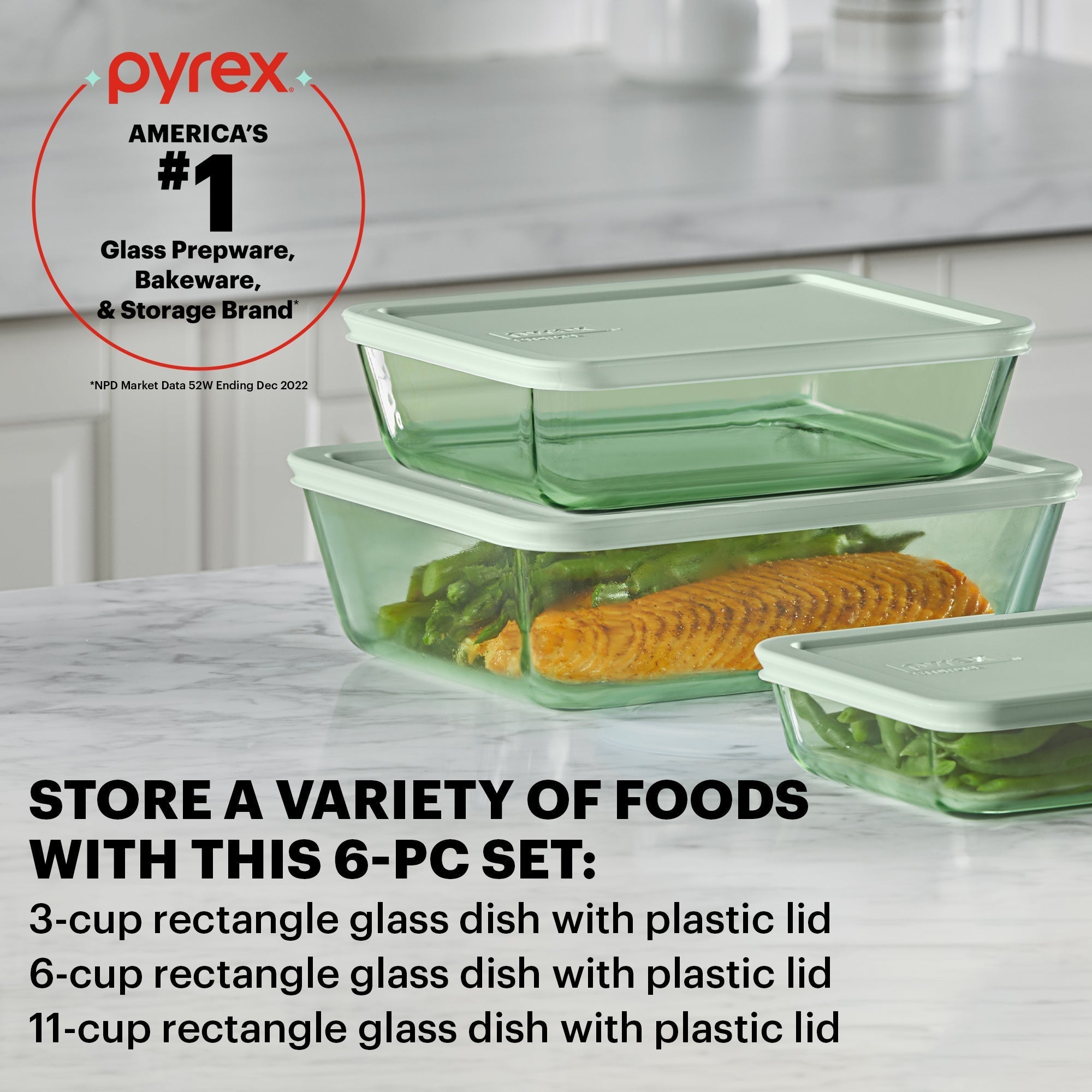 Pyrex® Simply Store® Tinted 6-piece Rectangle Storage Set with Plastic Lids, Green