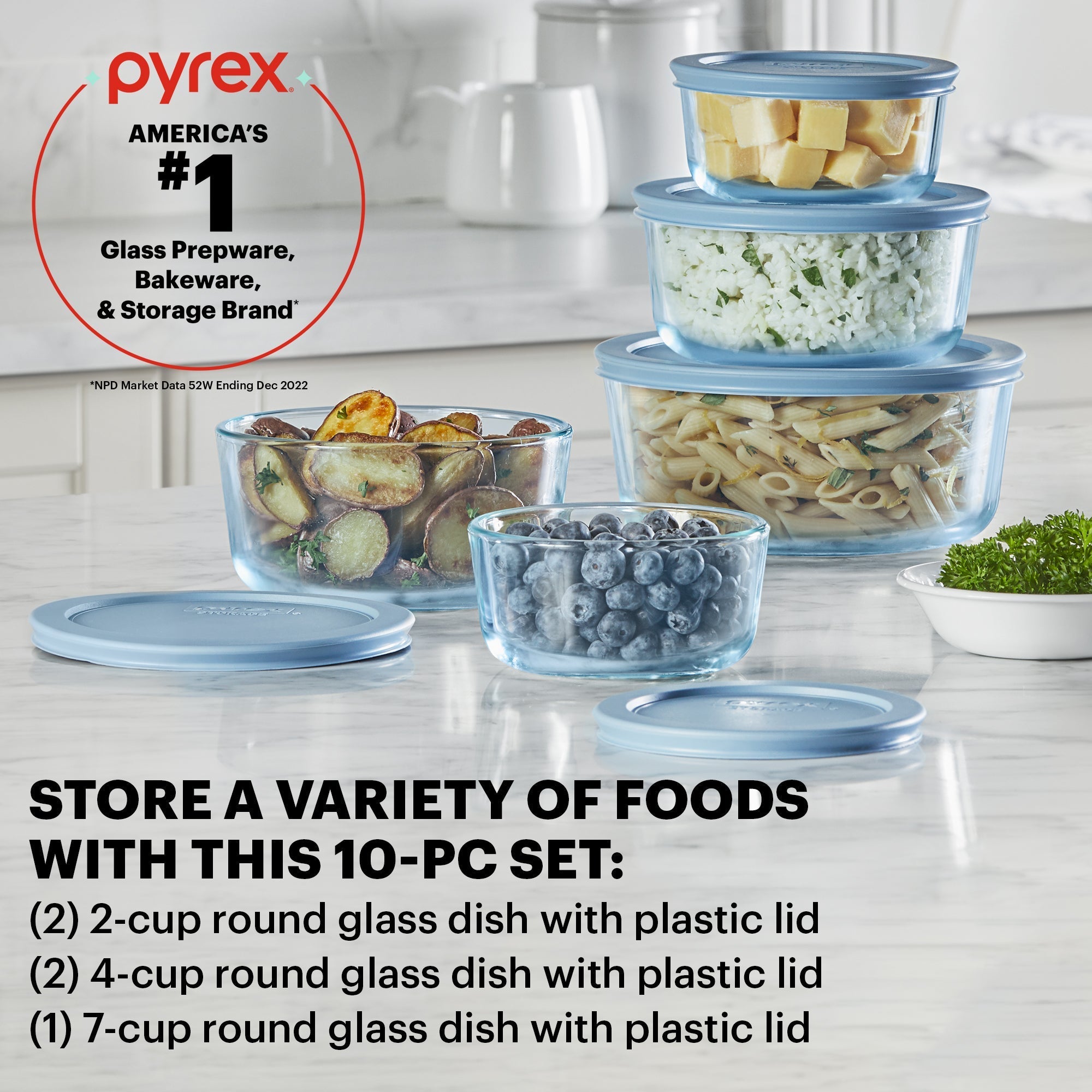 Pyrex® Simply Store® Tinted 10-piece Round Storage Set with Blue Plastic Lids