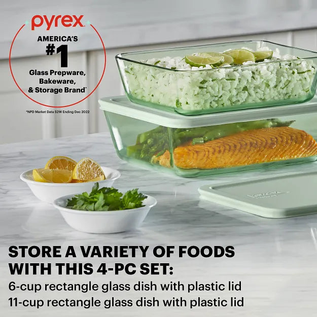 Pyrex® Simply Store® Tinted 4-piece Rectangle Storage Set with Green Plastic Lids