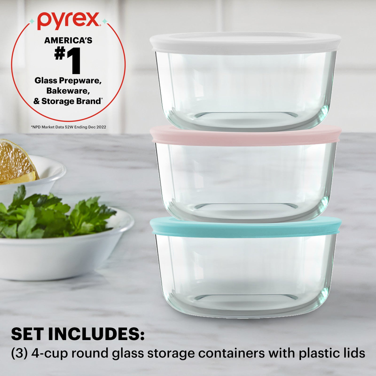 Pyrex® Simply Store® 6-piece 4-cup Round Glass Storage Set with Assorted Color Lids