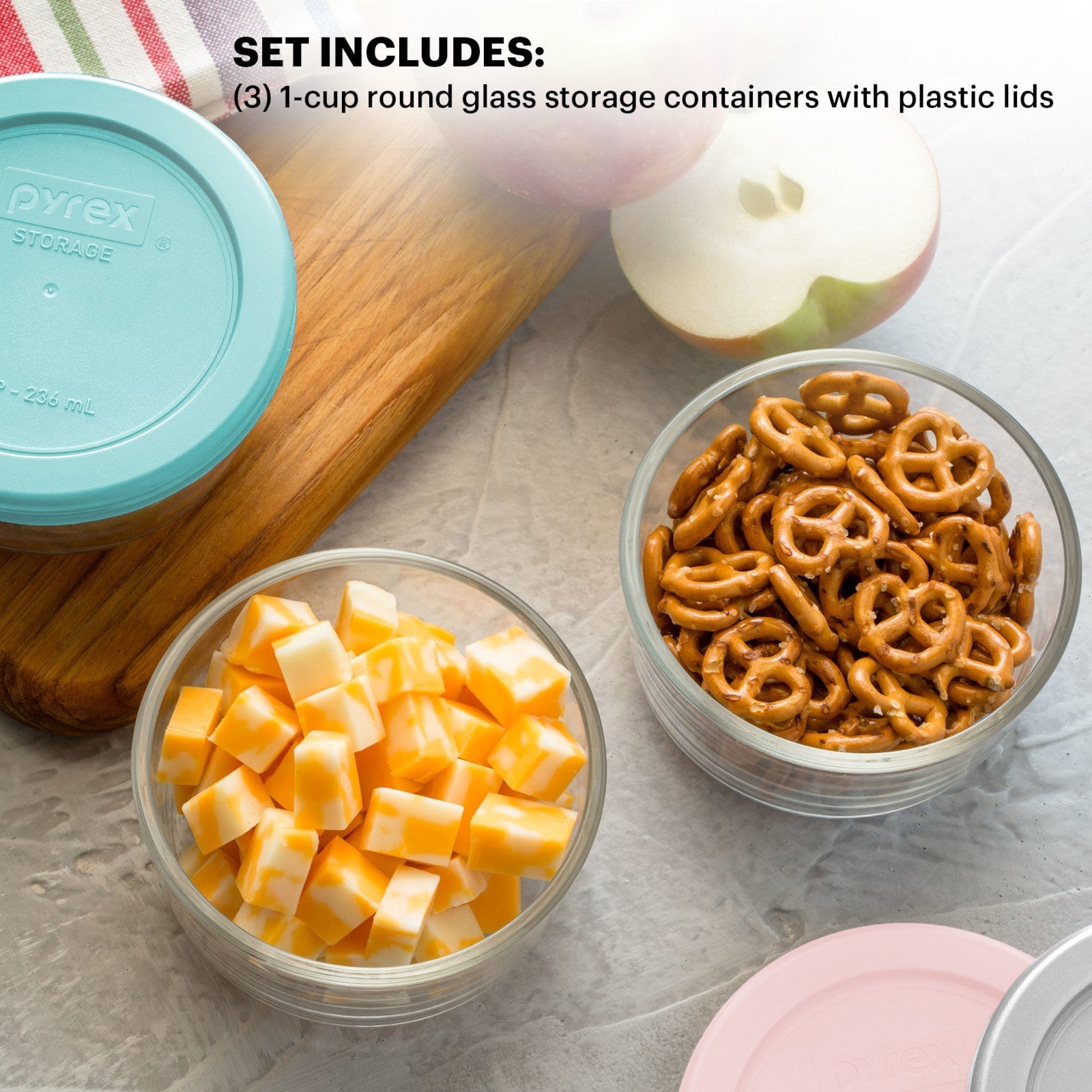 Pyrex® Simply Store® 6-piece 1-cup Round Glass Storage Set with Assorted Color Lids