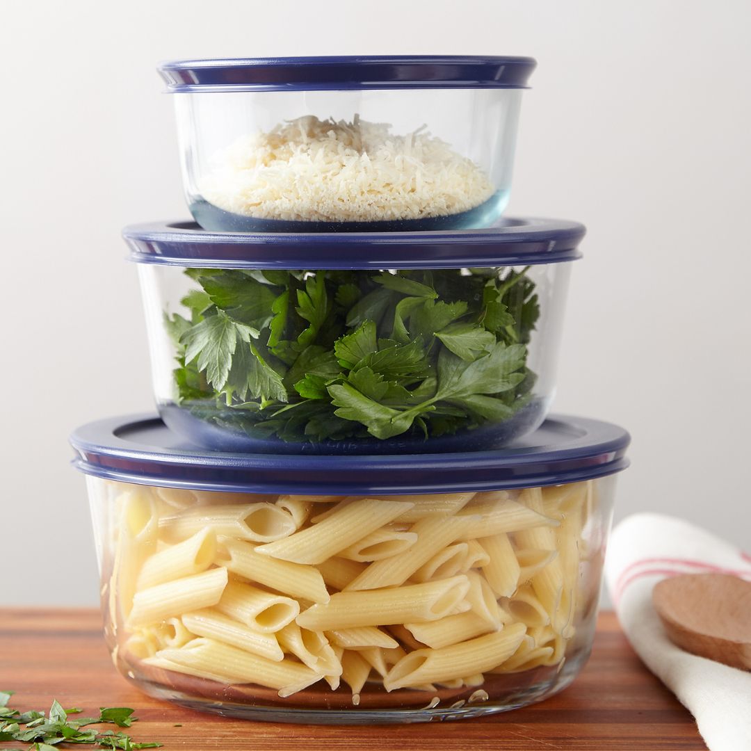 Pyrex® Simply Store® 6-piece Round Glass Food Storage Container Set with Blue Lids