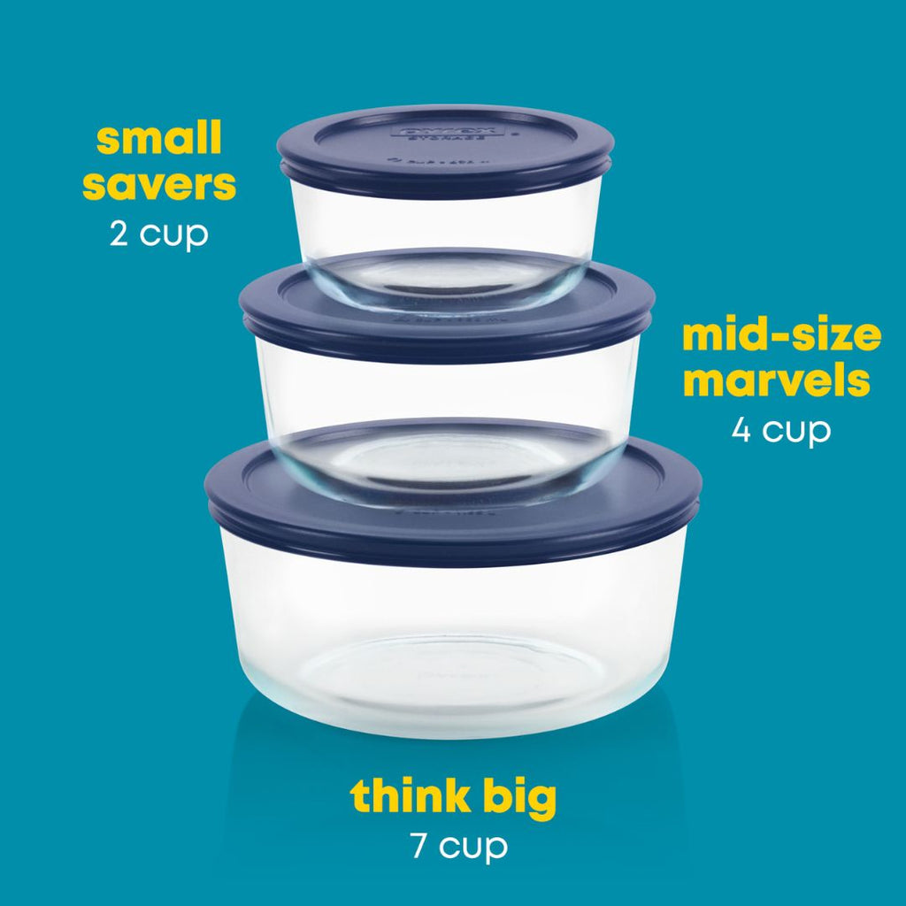 Pyrex® Simply Store® 6-piece Round Glass Food Storage Container Set with Blue Lids